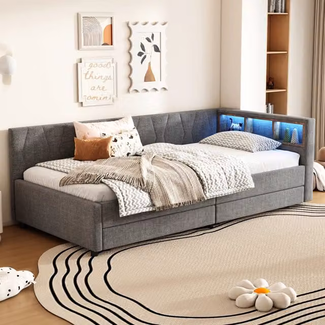 Letto singolo 90 × 200 cm in lino grigio con due cassetti LED telecomandato USB e tipo C