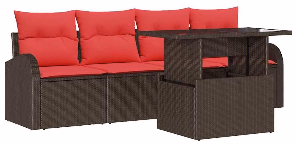 Set Divano da Giardino con cuscino 5 pcs Marrone polyrattan