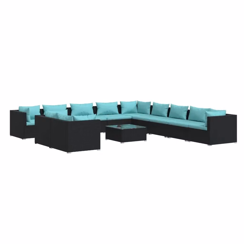 Set da giardino moderno vidaXL composto da 12 pezzi con divano a L, tavolino da caffè e cuscini blu e neri con struttura in metallo e rattan – 2