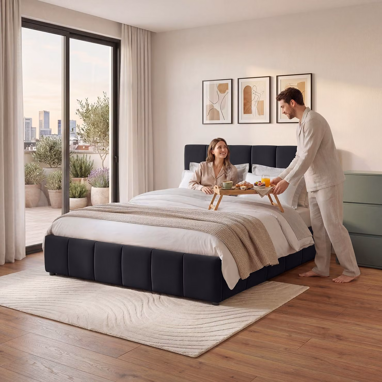 Letto imbottito Shirley tectake con rete a doghe in effetto velluto nero L/P/H: 180 x 200 x 93 cm – 2