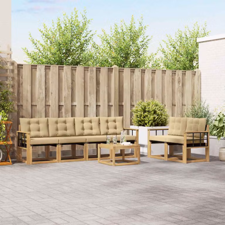 Set di divani da esterno vidaXL 7 pezzi in legno di acacia con tavolino e cuscini, Bianco e Beige