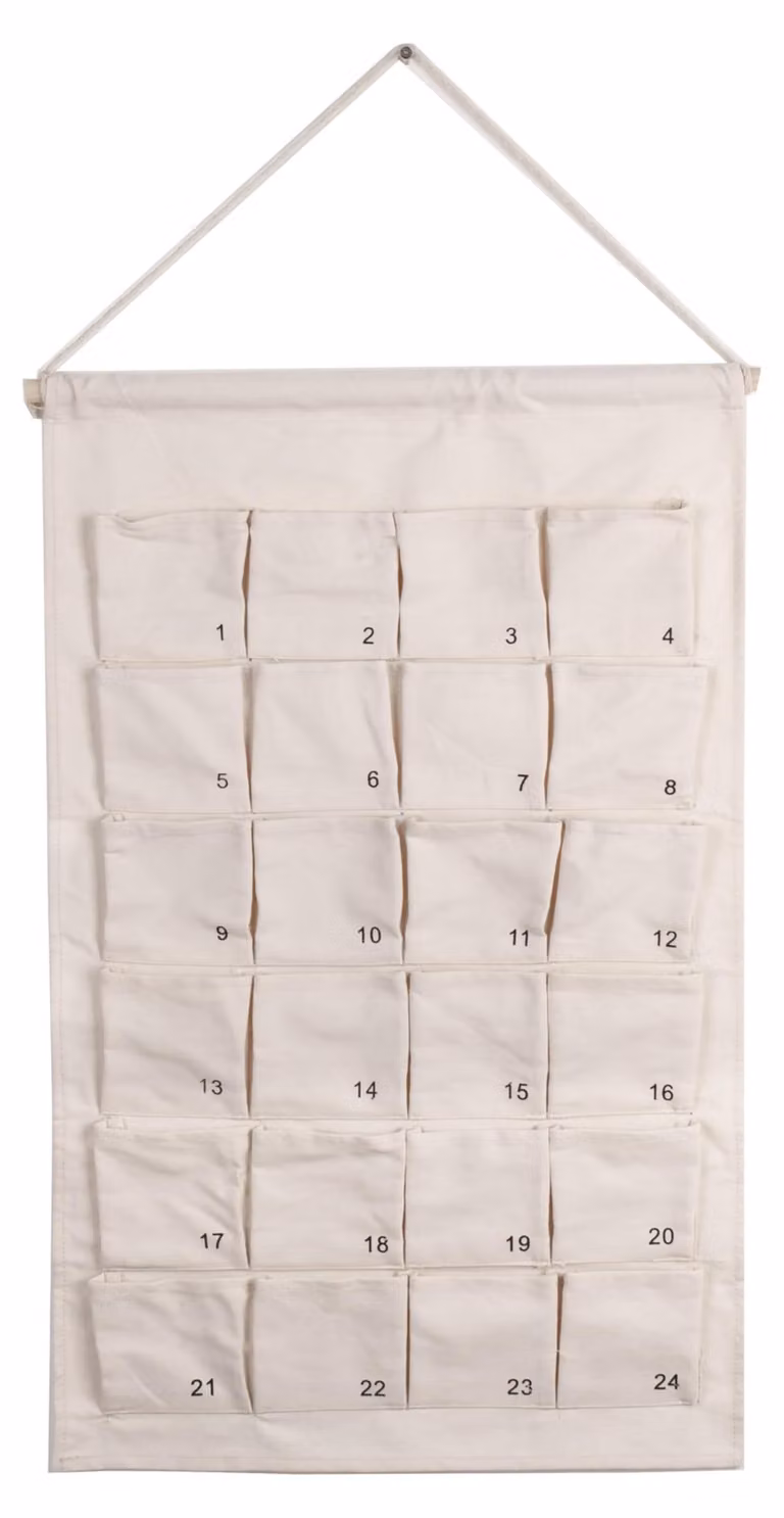 Calendario dell'Avvento in tessuto, 67x42 cm, con 24 tasche, bianco, da appendere
