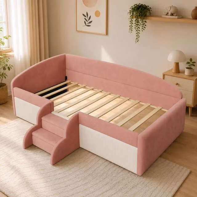 Letto imbottito 90x190 cm con gradini e sponde in velluto rosa e bianco crema