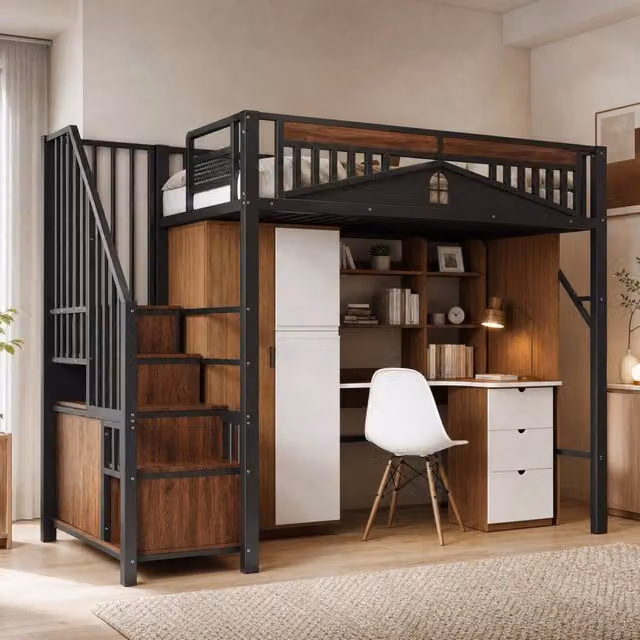 Letto a soppalco 90x200 cm nero – scala con contenitore, senza materasso