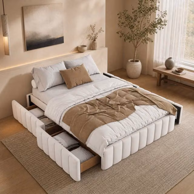 Letto imbottito beige 140 x 200 cm con rete a doghe, senza materasso né testiera, design minimalista