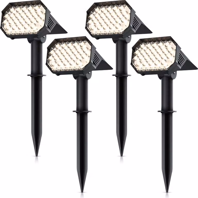 Proiettori da giardino a LED Brandson a energia solare con picchetto, lampada da esterno a energia solare, applique, set da 4 pezzi, batteria ricaricabile da 1800 mAh, 2 livelli di luminosità, 3000 K, IP65, resistenti alle intemperie, orientabili