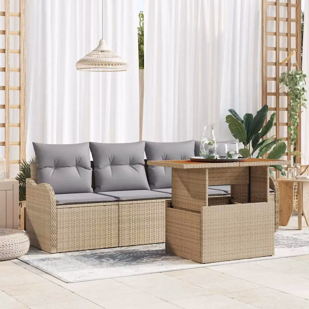 Set Divano da Giardino vidaXL 5 Pezzi Beige con Cuscini e Funzione Archiviazione in Polyrattan e Acciaio