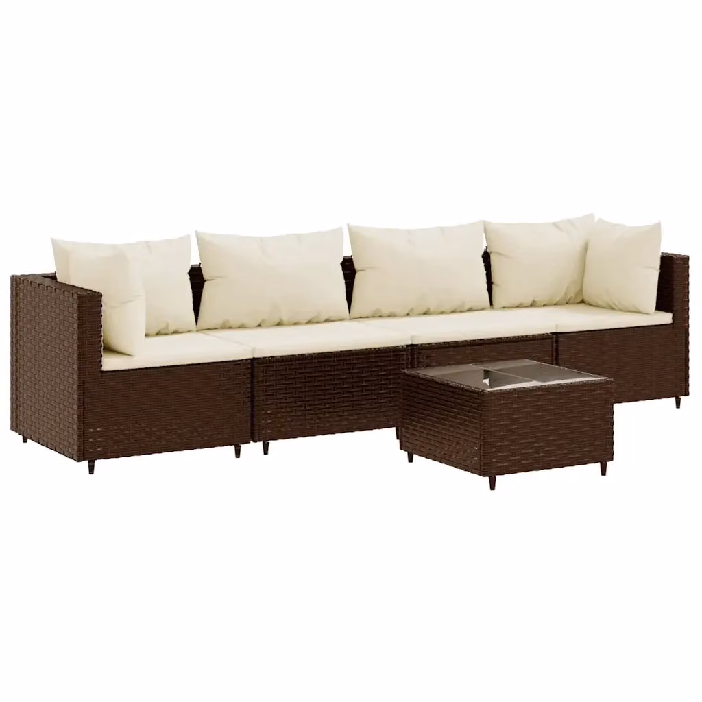 Set di divani da giardino vidaXL 5 pezzi con cuscini e tavolino, design moderno a L in rattan marrone e bianco con struttura in acciaio verniciato a polvere – 2