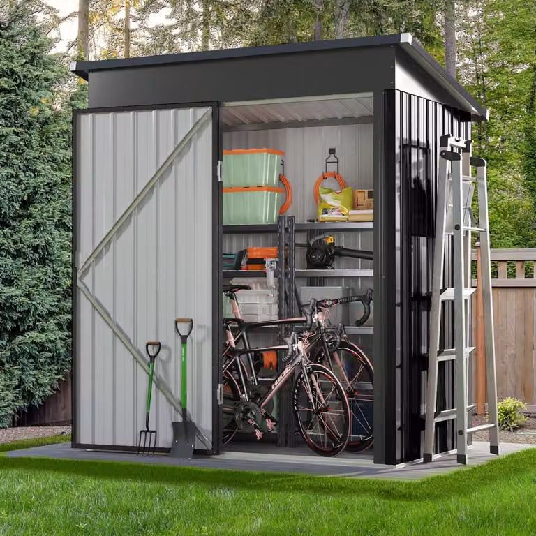 Capanno per attrezzi in metallo, dimensioni 150x91x185 cm, tetto a falda con sistema di ventilazione, colore nero