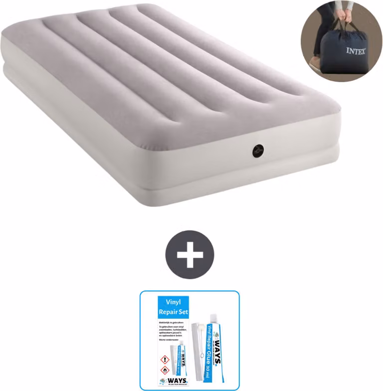 Intex Airbed - 1 persona - 99 x 191 x 30 cm - Grigio - Pompa inclusa - Kit di riparazione