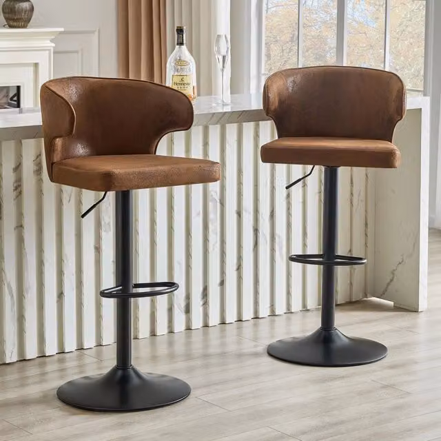 Sgabello da bar OKWISH con schienale, seduta girevole a 360 gradi e poggiapiedi, rivestimento in tessuto marrone