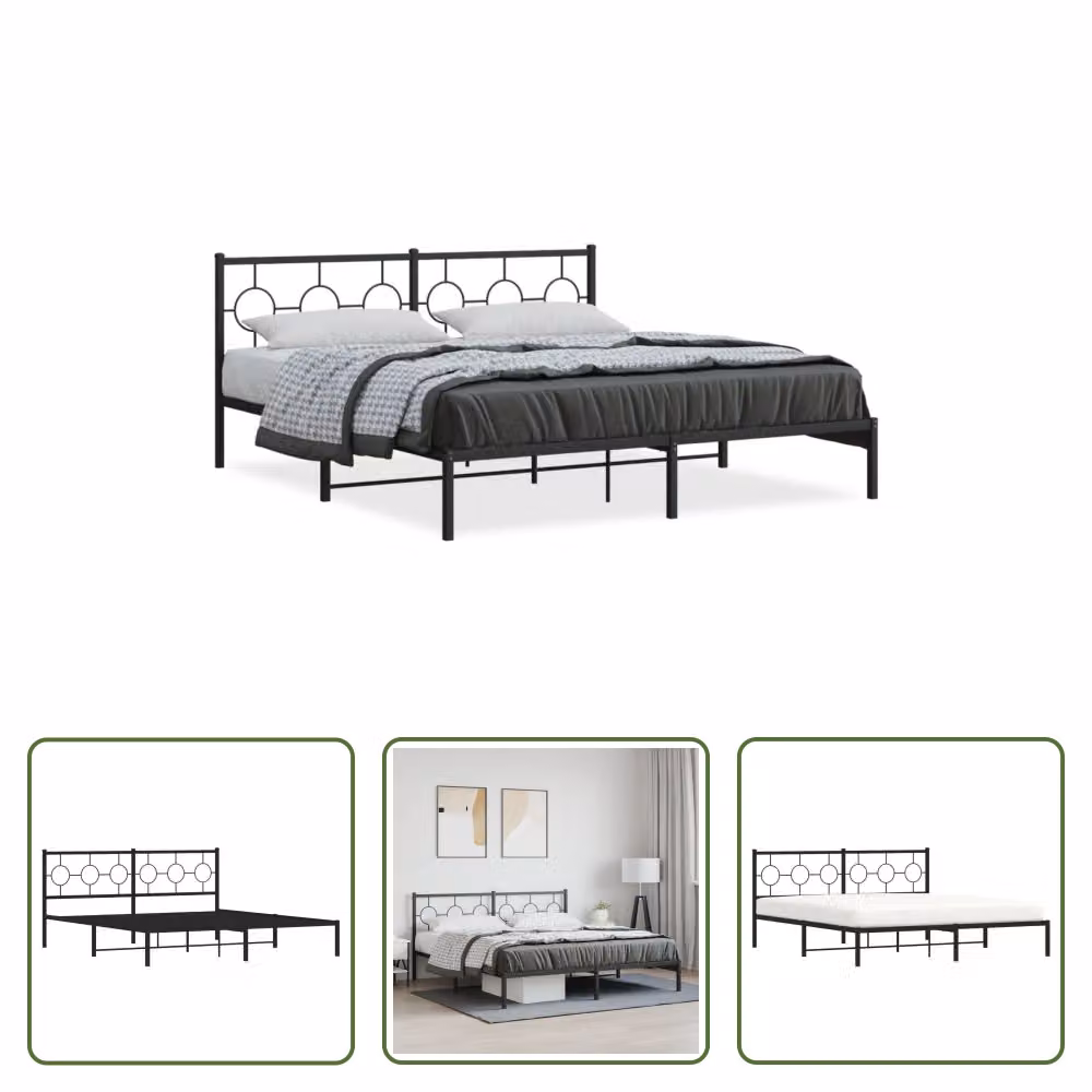 The Living Store Struttura letto con testiera in metallo nero 180x200 cm