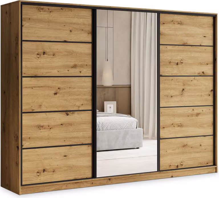 Armadio scorrevole Masseno PINA 235/205/58 cm Armadio con 4 cassetti Armadio per camera da letto a 3 ante con specchio Rovere Artisan