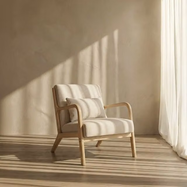 Poltrona Banak Bruno beige con struttura in legno massello e rivestimento in tessuto