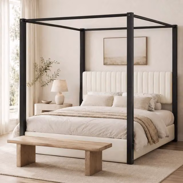 Letto a baldacchino 180x200 cm in MDF beige e nero, per camera, senza materasso –