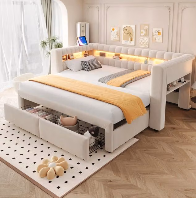 Divano Letto Imbottito 90/180 × 190 cm con Letto Estraibile, Cassetti e Illuminazione LED, Tessuto Velluto Beige