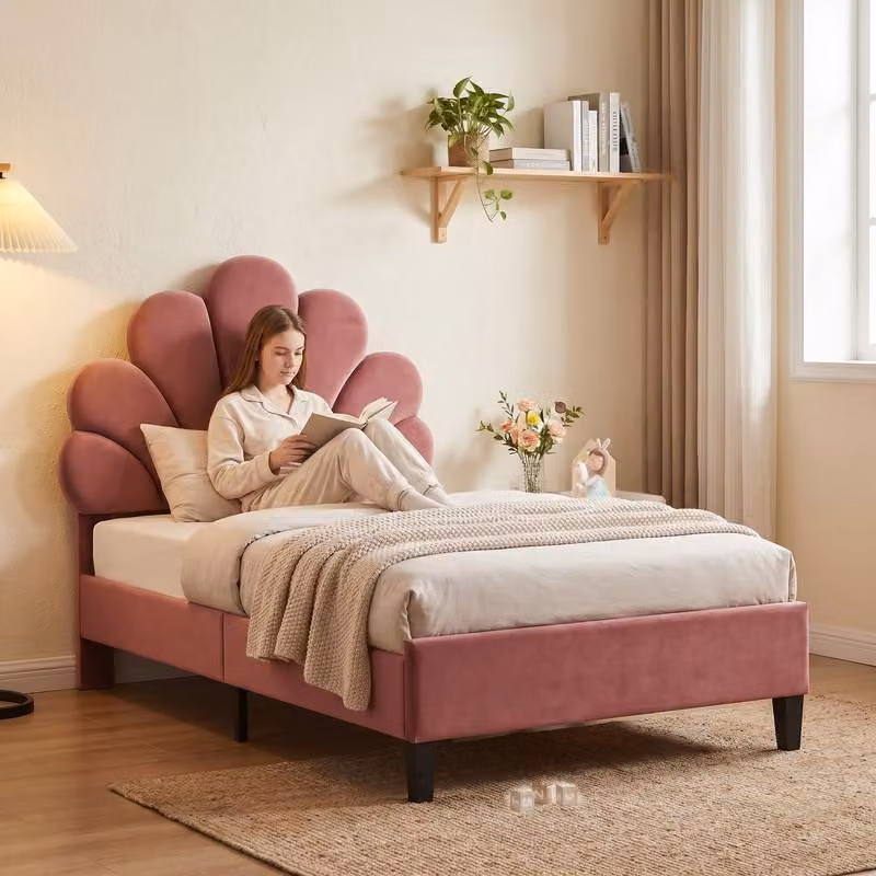 Lettino ProximaX 90x200 cm rosa, testiera a forma di fiore, regolabile, elevata resistenza, facile da montare, letto singolo, velluto