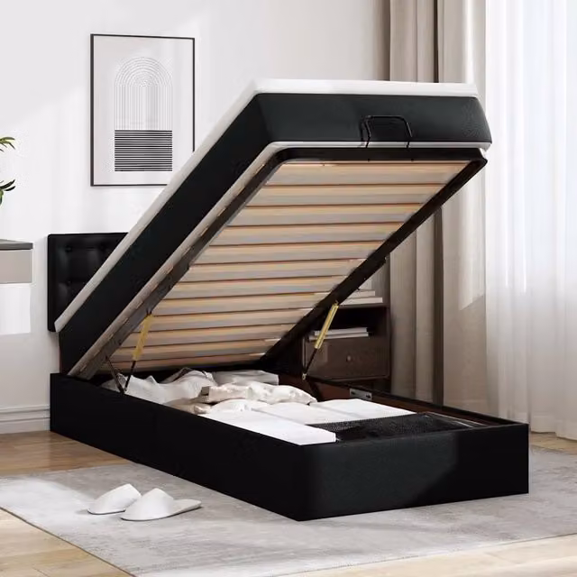 Letto Pouf vidaXL con Materasso e Base a Sollevamento in Similpelle Nero e Bianco L/P: 100 x 200 cm – 1