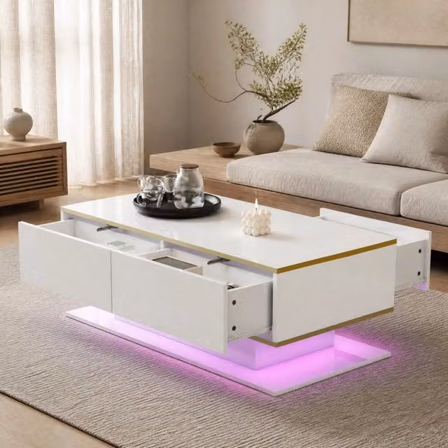 Tavolino da salotto moderno bianco lucido 100x50x40 cm con decorazioni dorate, 3 cassetti e striscia LED USB (adattatore non incluso)