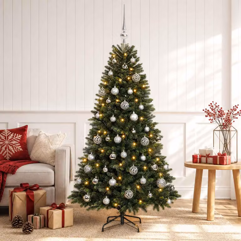 Albero di Natale artificiale con decorazioni a sfera, altezza 120 cm, 150 luci LED