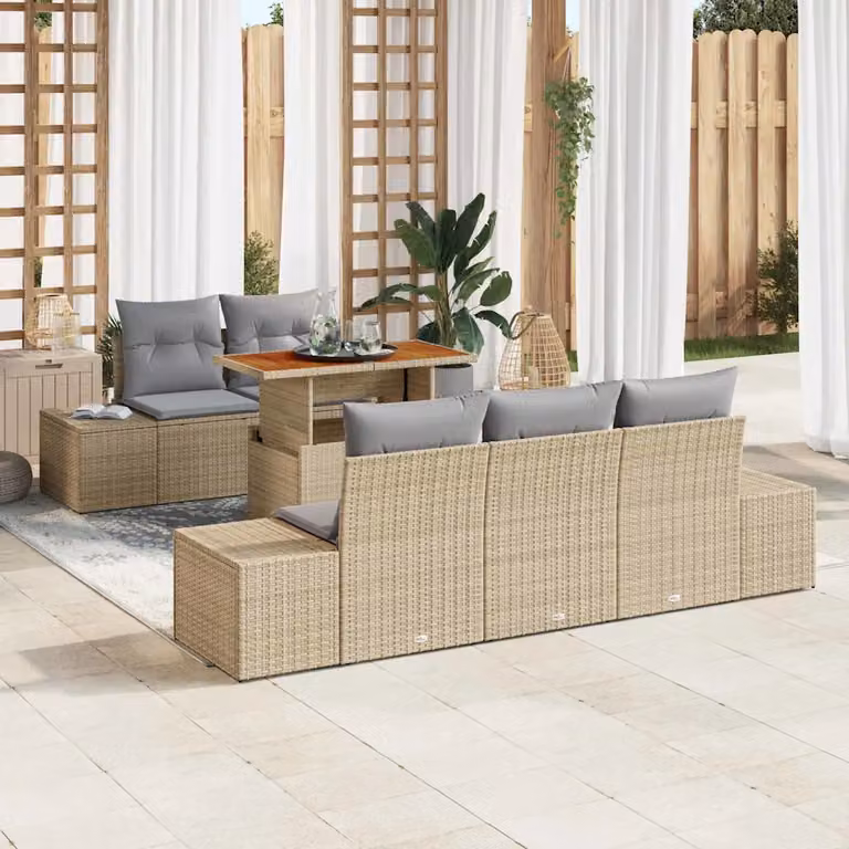 Set Divano da Giardino vidaXL 6 pz in Polyrattan Beige con Cuscini e Tavolino