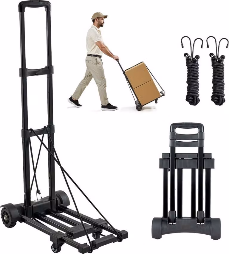 Carrello portasacchi pieghevole - Capacità di carico di 131,5 kg - Carrello da trasporto con 4 ruote e 2 corde elastiche - Base espandibile - Carrello per trasporti aeroportuali, bagagli e uffici - Nero, 530x320x970 mm.