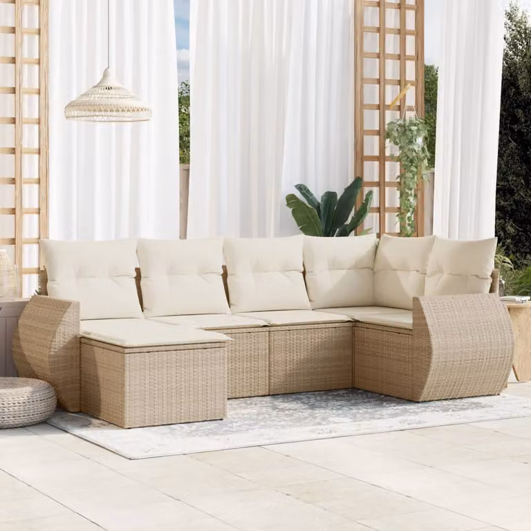Set Divano da Giardino a L vidaXL in Polyrattan con Cuscini Beige e Struttura in Metallo, 6 Pezzi