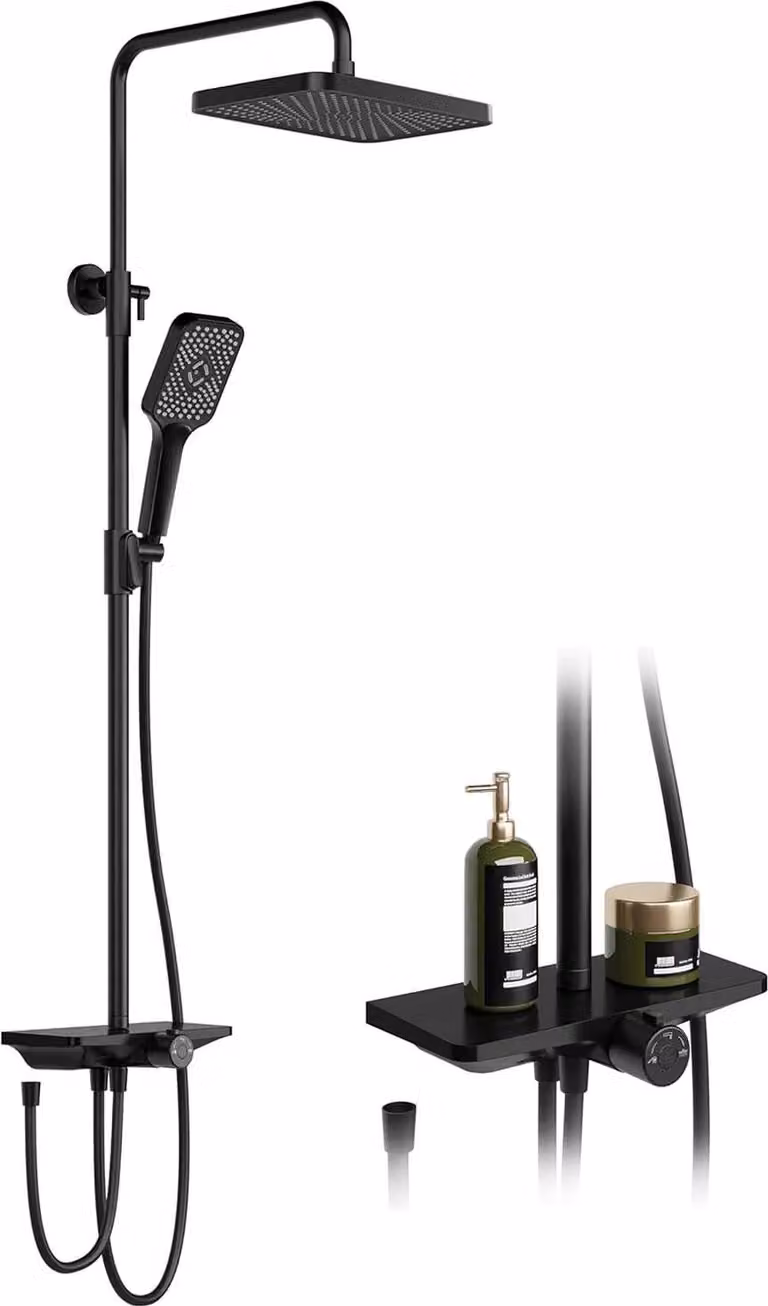 Set doccia a pioggia - Sistema doccia a parete - Grande soffione a pioggia - Con ripiano - Miscelatore monocomando caldo/freddo - Doccetta - Tubo circolare - Bianco