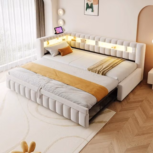 Divano letto singolo 90x200 cm in velluto beige con letto estraibile e LED regolabile