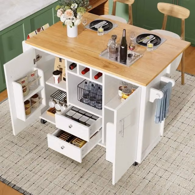Carrello da cucina con piano ribaltabile 2 cassetti ante ripiani portabottiglie e ruote girevoli in MDF metallo bianco