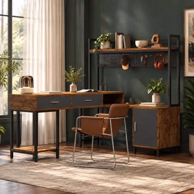 Scrivania angolare 140x140 cm nera e naturale in MDF e metallo, con cassetti