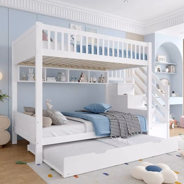 Letto a castello Mivray in legno di pino bianco con letto estraibile e scala contenitore con ripiani per cameretta bambini L/P/H: 165 x 90 x 254 cm