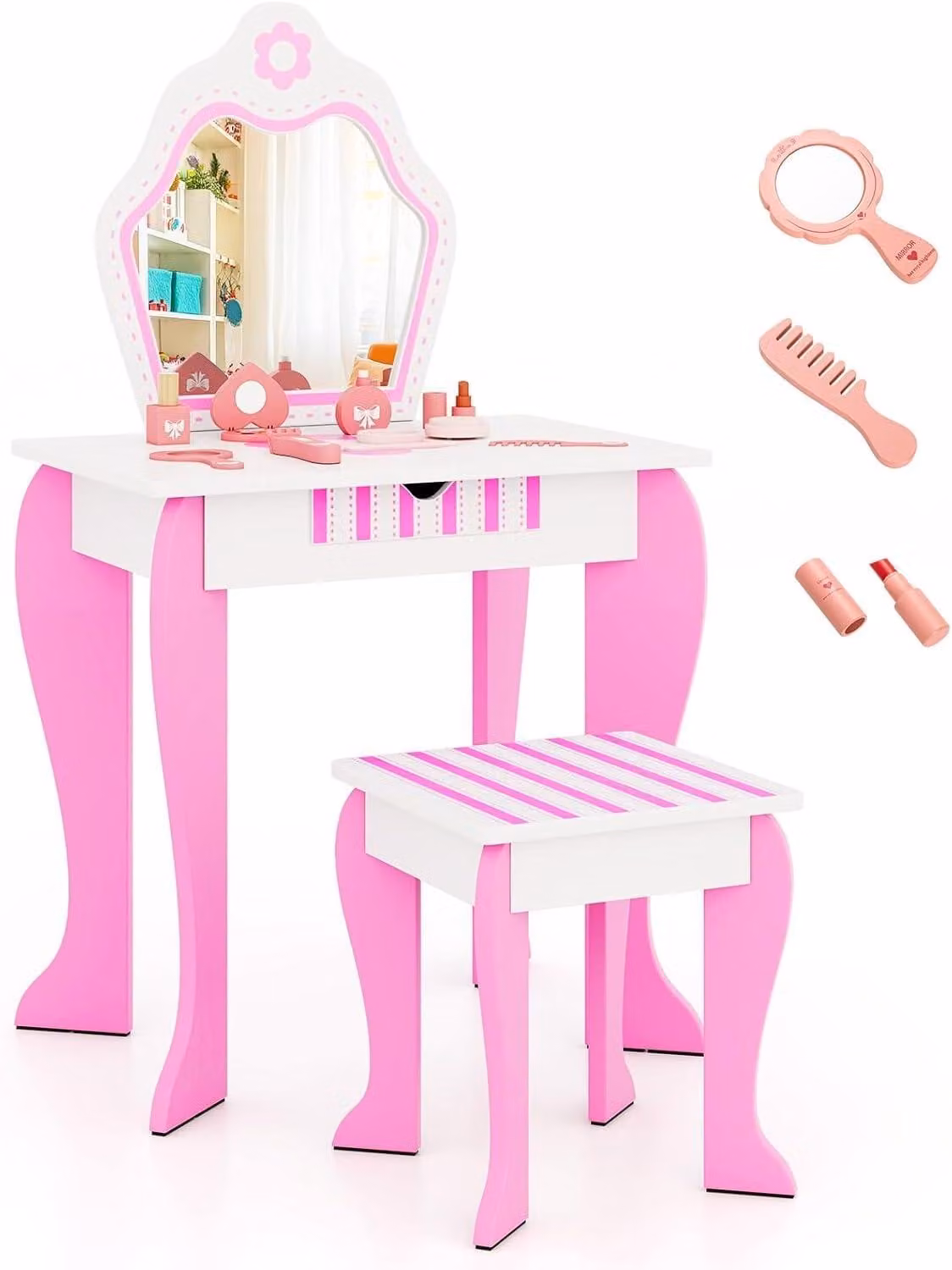 Tavolino da trucco per bambini FANTASK con sgabello, tavolino da trucco per bambine con specchio removibile