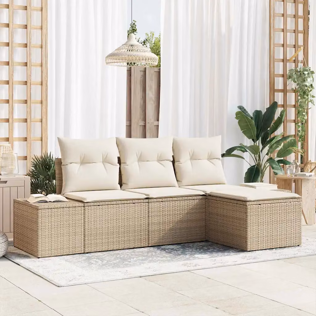 Set Divano da Giardino a L vidaXL 4 Pezzi Beige con Cuscini e Tavolino in Metallo e Rattan