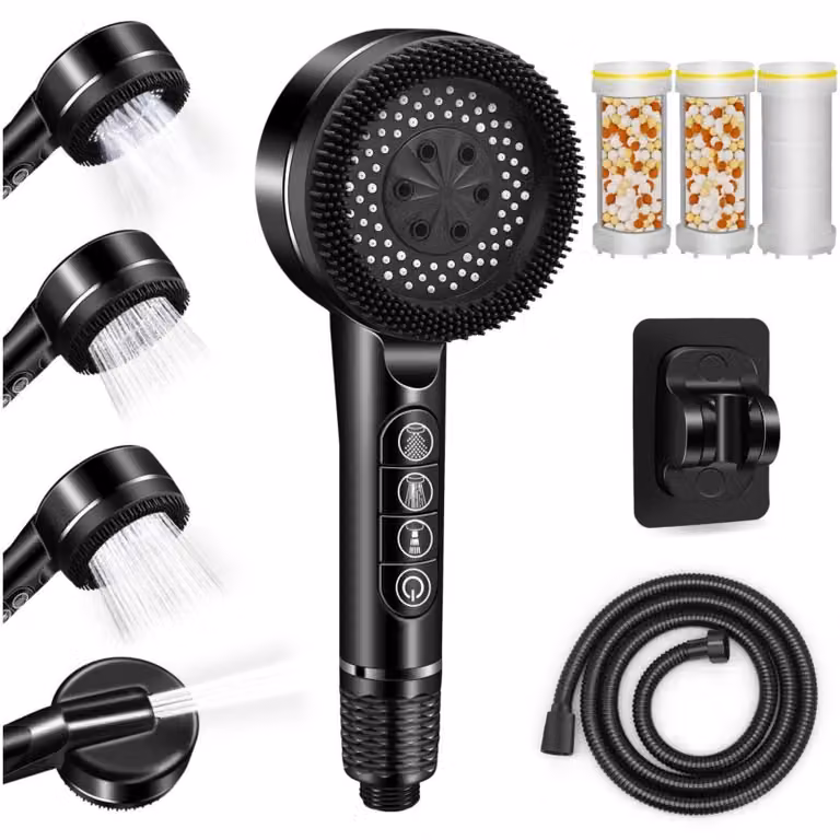Soffione doccia con flessibile e supporto a muro – Set doccia con filtro – Doccetta e soffione a pioggia – Alta pressione – Risparmio idrico – 4 tipi di getto – Benessere – Migliore
