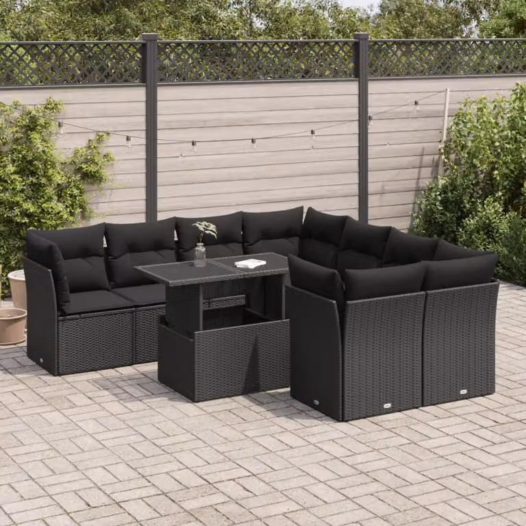 Set di divani da giardino vidaXL in polyrattan nero con cuscini e tavolino da esterno a forma di L