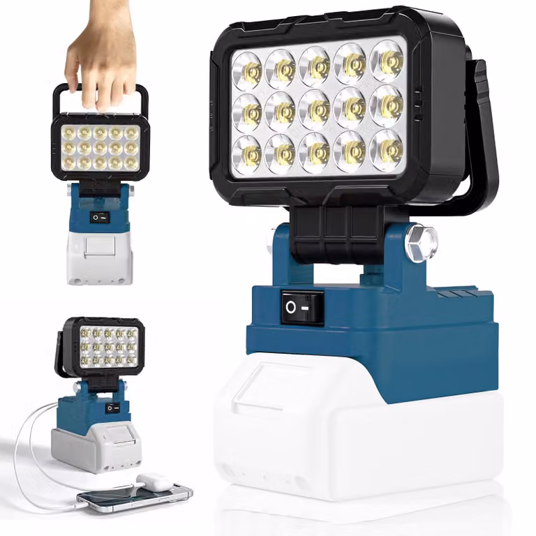 Lampada da lavoro a LED, alimentata a batteria, per l'edilizia, con testa girevole a 145° e 2 porte di ricarica USB-A