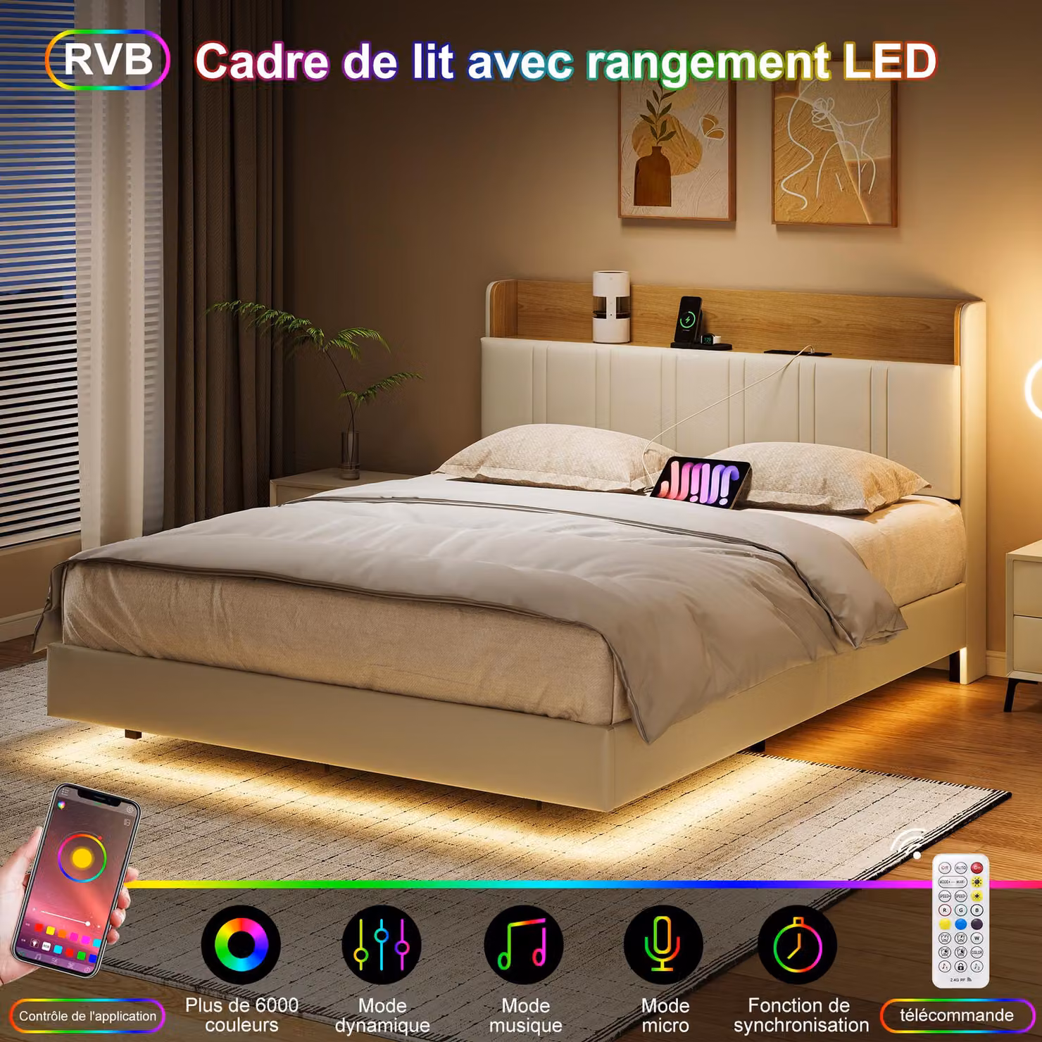 Letto sospeso 140x190 cm, imbottito, LED, USB, PU, bianco