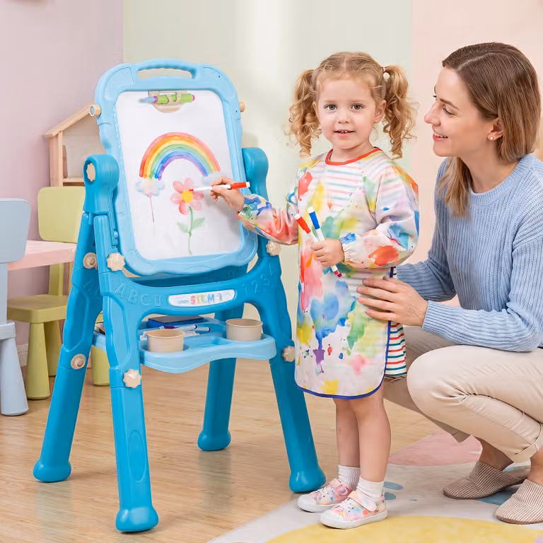 Cavalletto per bambini Costway 4 in 1 con lavagna magnetica a doppia faccia e base girevole a 360 gradi, Colore Morandi (Bianco, Nero, Blu)