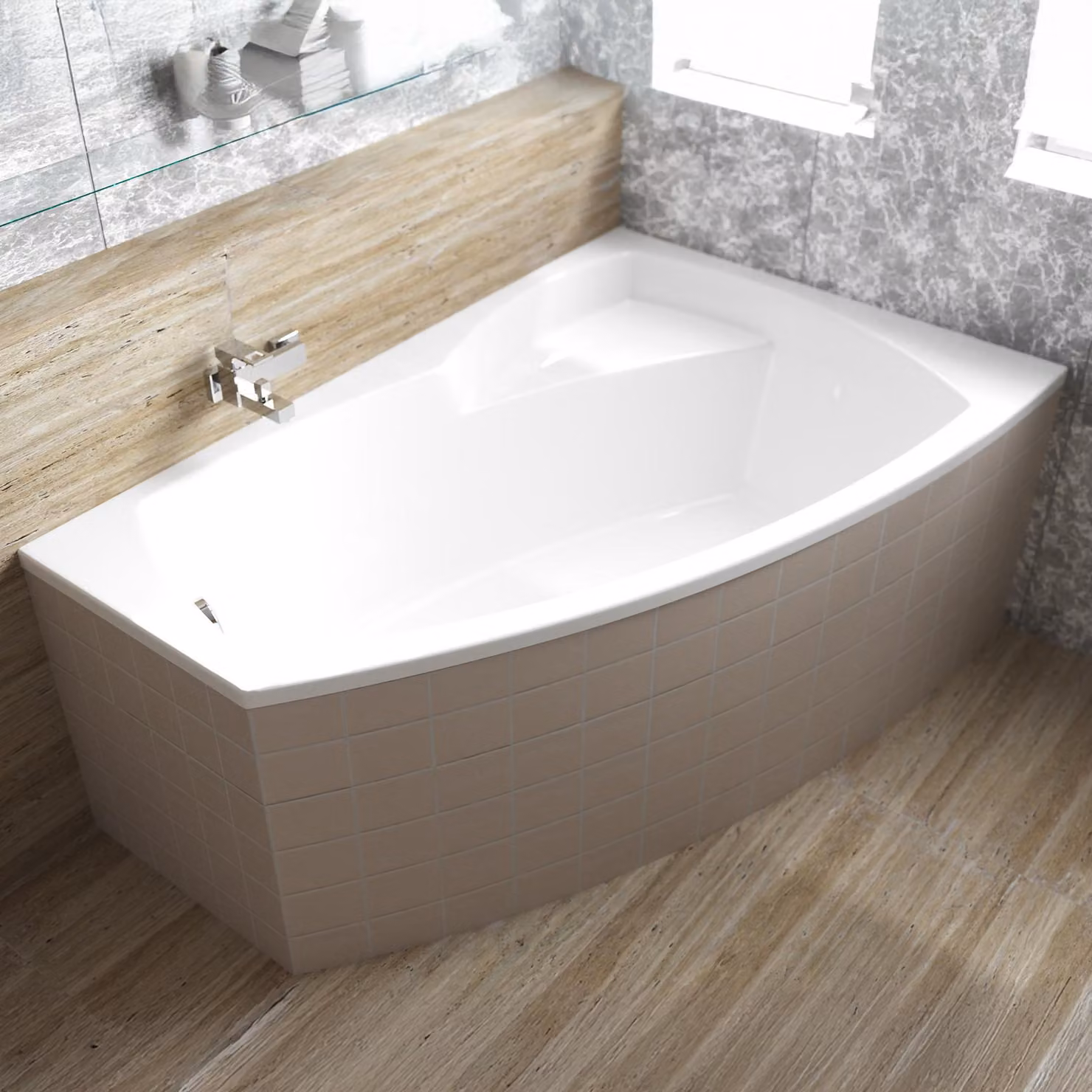 Vasca angolare 150x100 destra con rivestimento in polistirolo, scarico e piedini GRATIS | set completo 4in1 vasca originale in acrilico con sifone | BADLAND FRIDA
