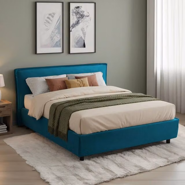 Letto matrimoniale moderno DMORA con contenitore a sollevamento, colore blu, L/P/H: 220 x 140 x 120 cm – 1