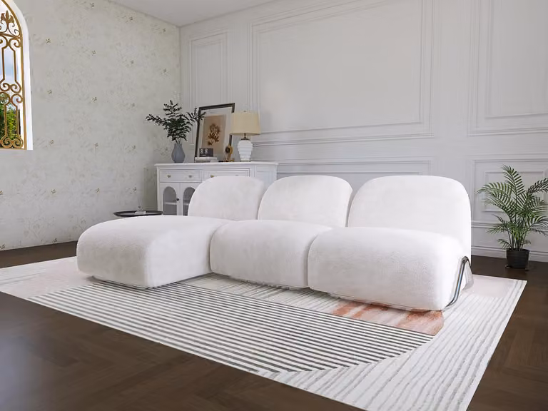 Divano angolare bianco a forma di L, con struttura in legno. Design moderno, ideale per l'arredamento del soggiorno