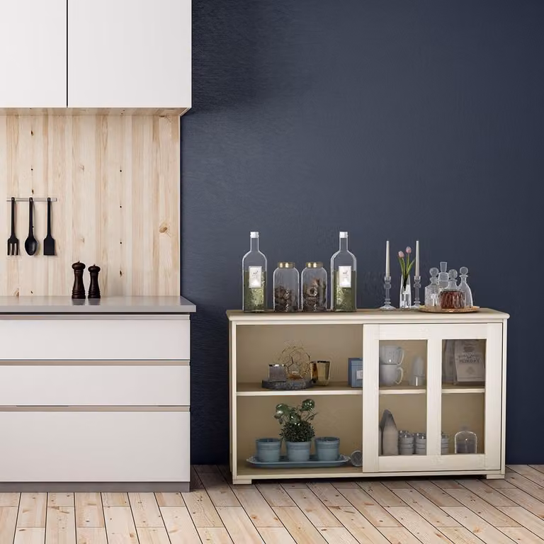 Credenza mobile da cucina soggiorno regola con ante scorrevoli bianco crema 106,5 x 33 x 62,5 cm