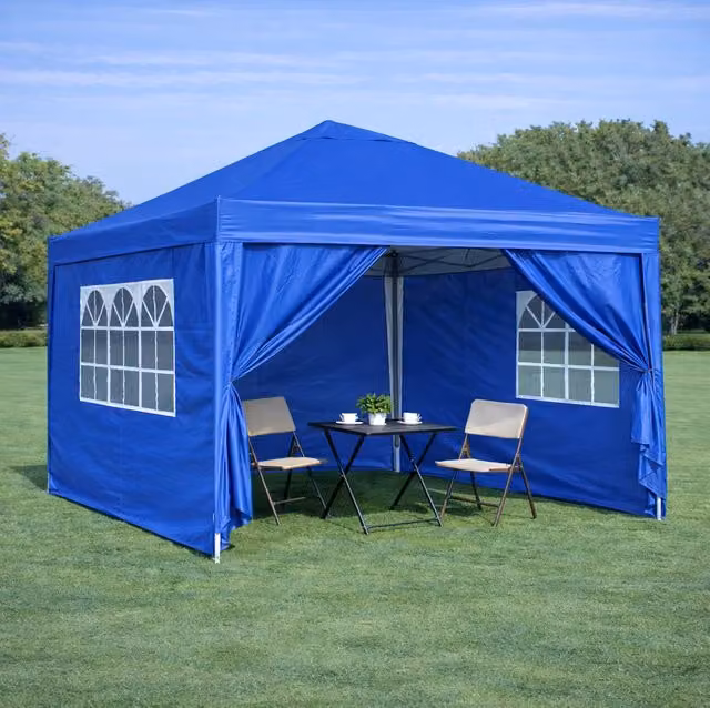 Gazebo pieghevole 3 x 3 m con struttura in acciaio, telo PU impermeabile e resistente ai raggi UV, 4 pareti laterali con finestre, blu