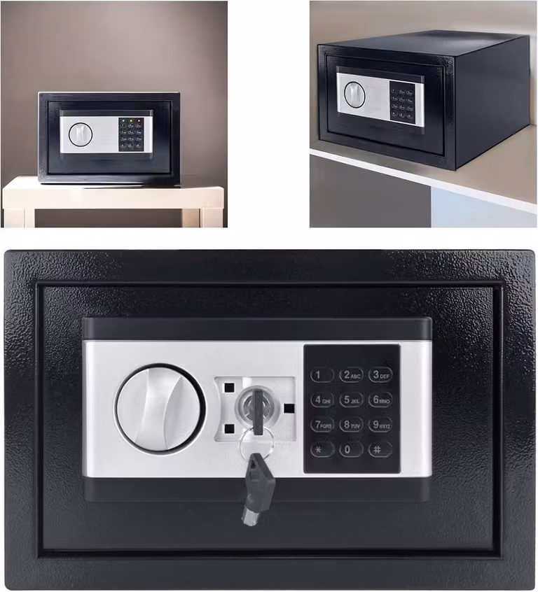 QEENTOE, Cassaforte da parete elettronica da 12 litri, cassaforte da mobile, portafogli, cassaforte ignifuga e impermeabile, con combinazione numerica e chiave, dimensioni 31x20x20 cm