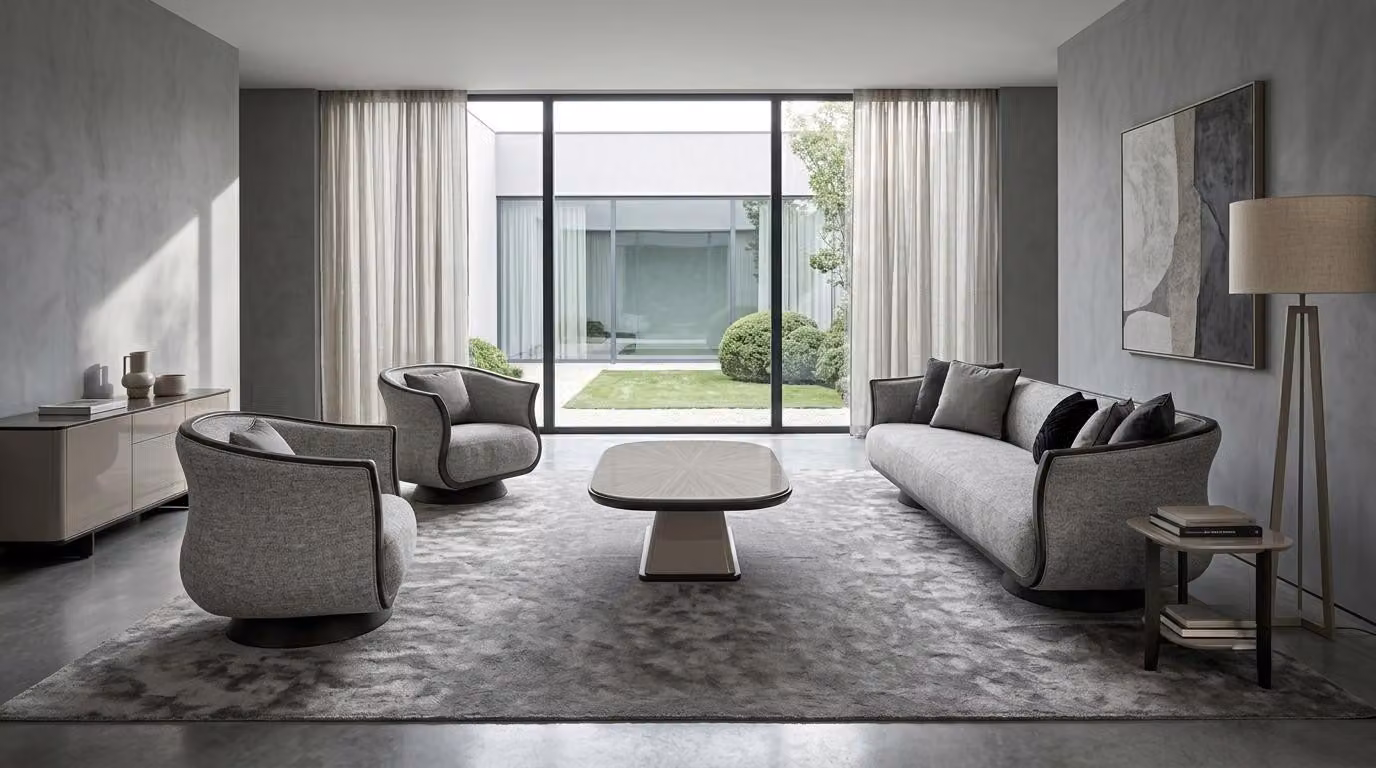 Set soggiorno: divano, tavolino, design moderno, confortevole, robusto e stabile