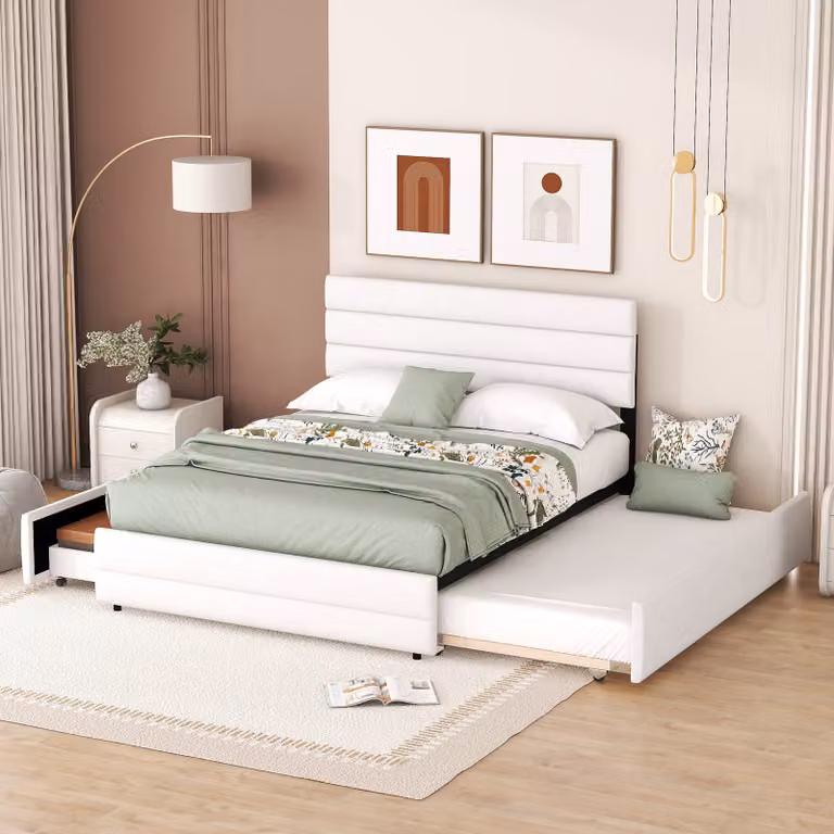 Letto imbottito STILVORA, 140 x 200 cm, con struttura a piattaforma, sistema di sollevamento integrato e due cassetti, rivestito in lino, facile da montare, colore beige