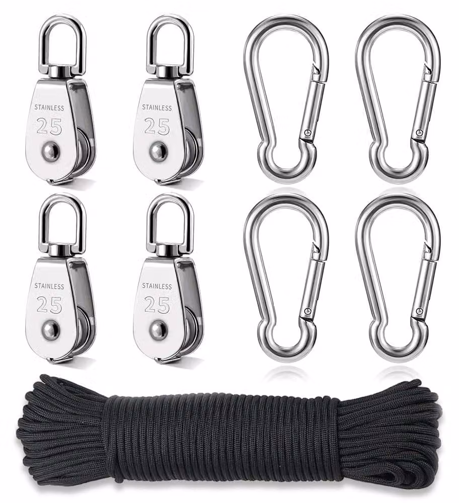 Set di 4 carrucole in acciaio inossidabile, modello M25, complete di gancio a moschettone e 30 metri di corda
