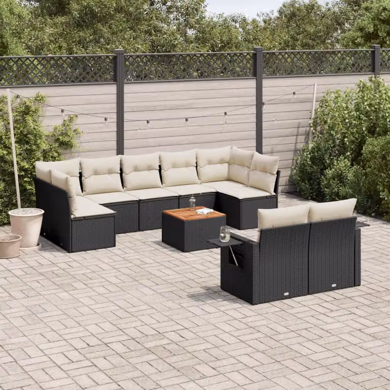 Set di divani da giardino vidaXL in polyrattan nero con cuscini e tavolino da esterno