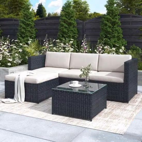 Set da salotto in poliestere, salottino da giardino, panca angolare, set con cuscini per seduta e schienale, tavolo con piano in vetro, nero